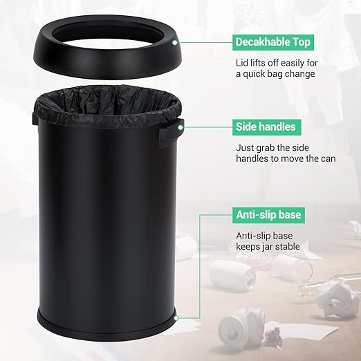Garvee 17 Gallon/65 Liter Trash Can, Fingerprint-Proof Stainless Steel Open Top Garbage Can, Heavy Duty Commercial Round Trash Bin for Restaurant, Home, Office, Black