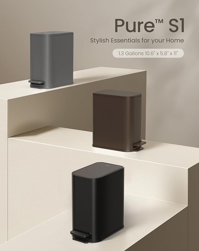 Cesun Small Bathroom Trash Can with Lid Soft Close, Step Pedal, 5 Liter / 1.3 Gallon Stainless Steel Garbage Can with Removable Inner Bucket, Waste Basket for Bathroom, Bedroom (Brown)