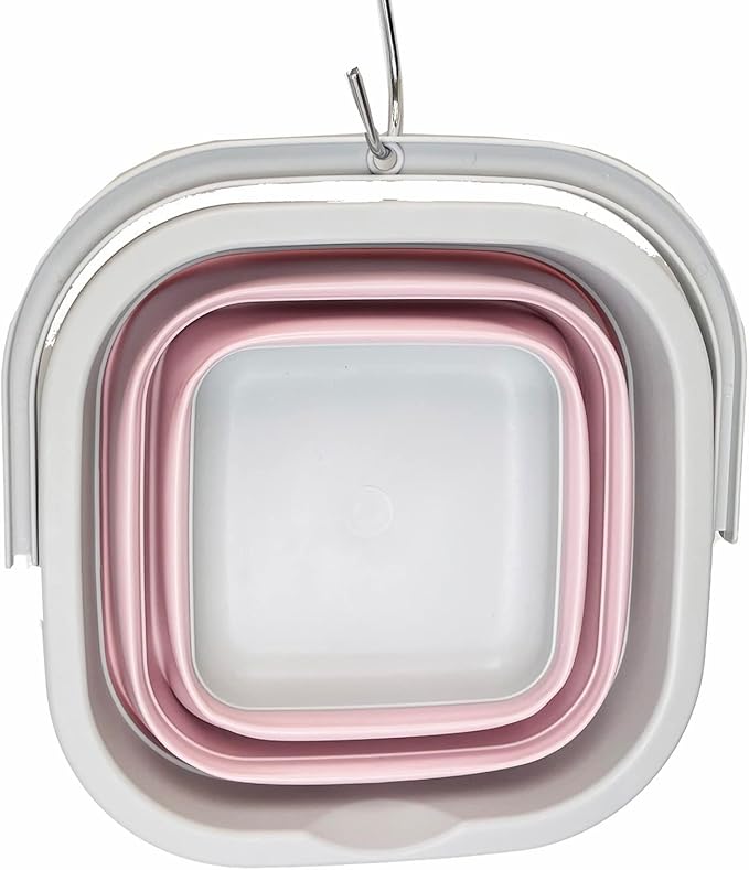 SAMMART Collapsible Rectangular Cleaning Bucket 5L (1.3 Gallon)- Foldable Camping Beach Sand Water Pot Pail- Portable Space Saving Tub for Household, Outdoor Car Washing (Pale Pink + Pine (Set of 2))