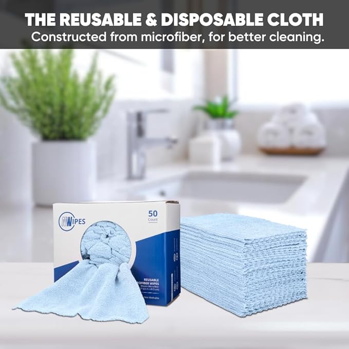 Microfiber Rags in A Box (50 Count) - Mwipes - 10" x 12" Reusable Wipes for Cleaning - Edgeless Terry Towels, Shop Rags, Wash, Dust, Disposable, House, Small Cleaning Cloths (Blue)