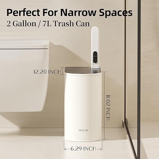 Small Bathroom Trash Can - Motion Sensor 2 Gallon / 7L Garbage Bin with Lid, Automatic Touchless Bathroom Decor with Toilet Brush (White)