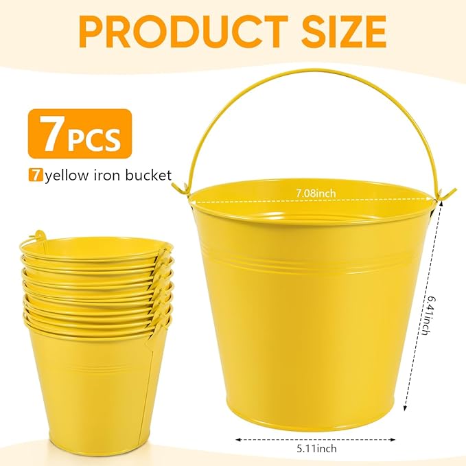 OBTANIM 7 Pack Yellow Metal Buckets with Handle Galvanized Ice Pails for Plants, Succulents, Party Favors Organizing, Rustic Home Decor or Classrooms Pencil Storage (7.1 x 5.2 inch)