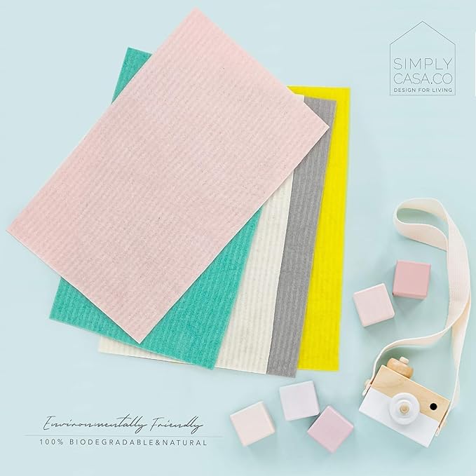 Long Swedish Dishcloth Sponge Pack of 5, Eco-Friendly 100% Biodegradable Cellulose Sponge Cleaning Cloths, Kitchen Cloths