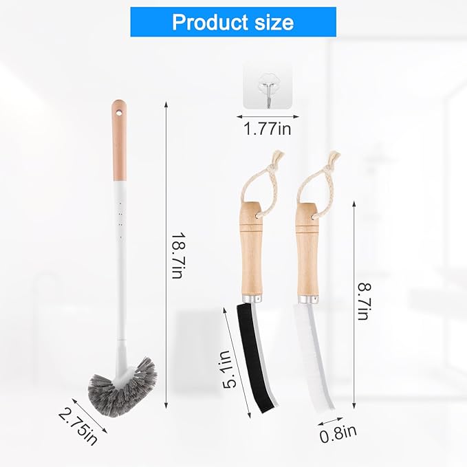Curved Toilet Bowl Brush and Crevice Cleaning Brushes Set, Bathroom Cleaning Scrub Brush with Long Handle, Toilet Scrubber Brush with Small Gap Brushes Kit for Household Deep Cleaning (3 PCS)