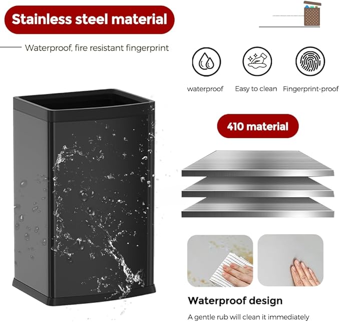 25L/6GALSquare Kitchen Trash can,Black Metal Trash Can for Bathroom,Black Stainless Steel Trash can for Kitchen,Commercial,Detached House (6.6gallon Black)