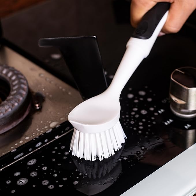 Dish Brush with Handle, Dish Scrub Brush with Built-in Scraper, Nylon Dish Scrubber, Kitchen Brushes for Dishes,Pots, Pans and Sinks 2 Pack