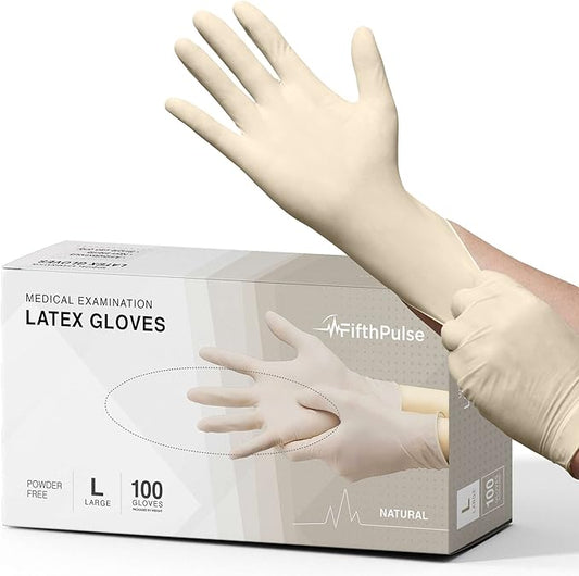 FifthPulse Medical Examination Latex Gloves - Extra Thick 4.5 Mil, Natural Color, Powder Free Disposable Gloves