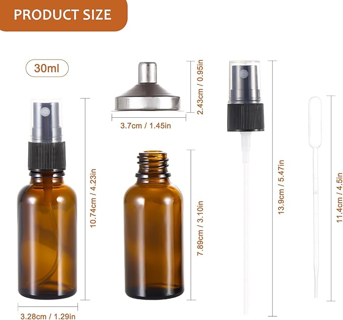 1 oz Amber Glass Spray Bottles,Small Empty Fine Mist Refillable Travel Spray Bottle for Cleaning,Perfume,Aromatherapy,Cosmetic Sprays,Hair,Essential Oils with Fine Mist Dispenser（3 Pack）