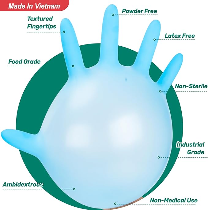 Kebada Nitrile Gloves D1, Nitrile Disposable Gloves for Cleaning, Food Prep, Industrial Grade, Non-Sterile, Food Safe, Powder, Latex Free, Touchscreen, Blue, 100 Count, X-Large (Made in Vietnam)