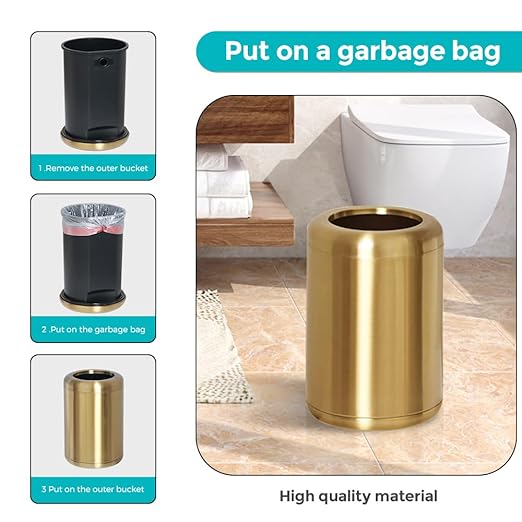 2.1 Gallon Small Gold Bathroom Trash Can, Antique Brass Garbage Can, Brass Waste Paper Basket, for Bathroom Bedroom Office Hotel Kitchen (235 Gold)