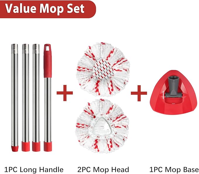 Spin Mop Replacement Head, Base, Handle Compatible with Ocedar Mop Set EasyWring 1-Tank Microfiber Spin Mop, 2 Refills Replacement Heads, 30-58in Handle and 1 Base Combo Set