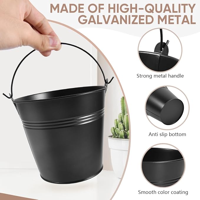 OBTANIM 7 Pack Black Metal Buckets with Handle Galvanized Ice Pails for Plants, Succulents, Party Favors Organizing, Rustic Home Decor or Classrooms Pencil Storage (5.1 x 3.6 inch)