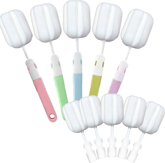 INVODA Sponge Nipple Bottle 5 PCS + Replaceable Brush Heads 5 PCS Baby Bottle Brushes Long Handle Cup Scrubber Brush Portable Sponge Cleaning Brush (5 PCS+ 5 Brush Heads)