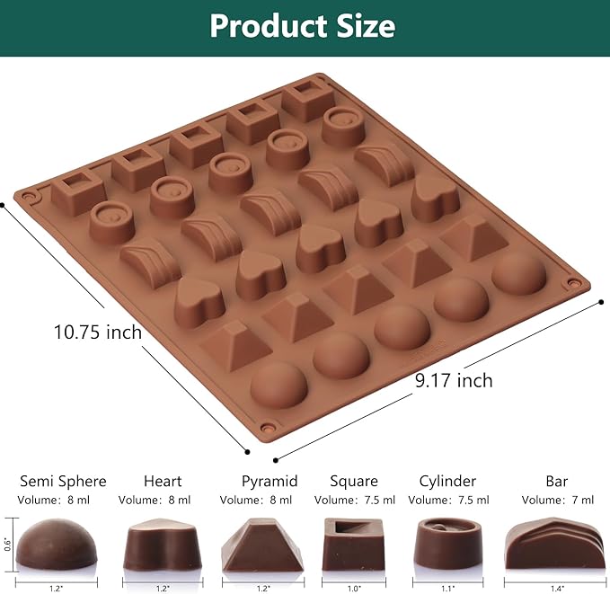 Chocolate Molds Silicone with 30 Cavities 6 Different Shapes for Making Larger Chocolate/Candy/Gummy/Cake Décor for Wedding Party & Celebration