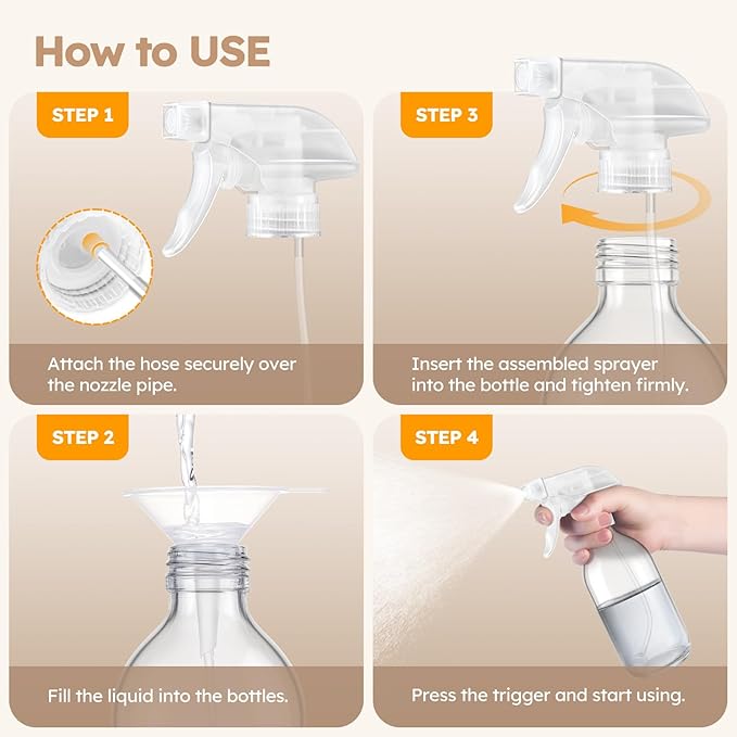 Tecohouse Glass Spray Bottles 8oz, 2 Pack 360° Glass Spray Bottle for Cleaning Upside Down Mister Squirt Bottle with Adjustable Nozzle for Hair, Plants, Pet Clear White Nozzles