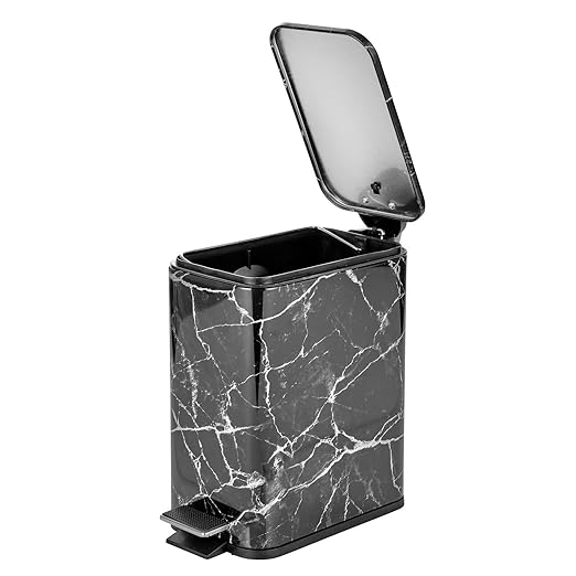 mDesign Slim Metal Rectangle 1.3 Gallon/5 Liter Trash Can with Step Pedal, Easy-Close Lid, Removable Liner - Narrow Wastebasket Garbage Container Bin for Bathroom, Bedroom, Kitchen - Black Marble