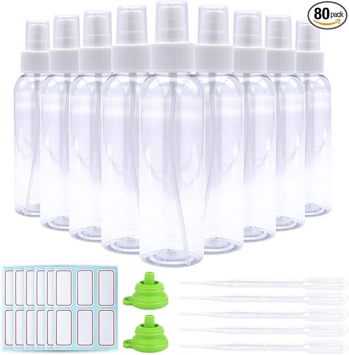TRENDBOX 4oz Travel Size Spray Bottles, 80 Pack Fine Mist Small Empty Plastic Spray Bottle, Leak Proof BPA-Free Travel Essentials Cosmetic Containers