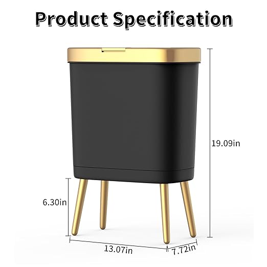 Procade 2Pack Office Trash Can with Lid, 4 Gallon Gold Trash Can Bathroom,Black Garbage Can with Push Button, Narrow Garbage Bin Waste Basket for Bedroom, Kitchen,Toilet(Black x2)