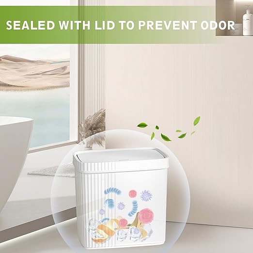 UUJOLY Small Bathroom Trash Can with Lid Slim Wastebasket Garbage Can Plastic Container Basket Trash Bin for Kitchen, Laundry Room, Office, Kids Room, Dorm, White, 2.4 Gallon, 2 Pack