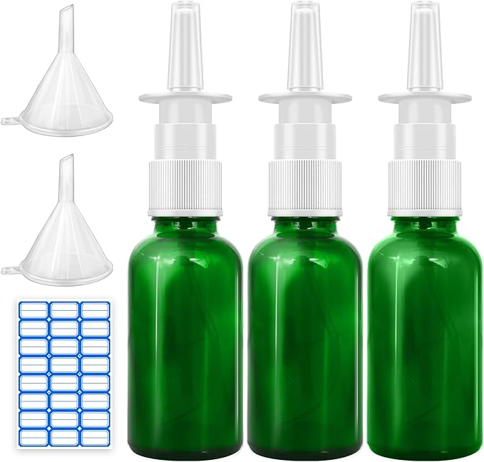 Cupohus Nasal Spray Bottle, 3 Pcs 30ML/1oz Green Glass Refillable Fine Mist Sprayers Atomizers, Travel Sized, Empty Nasal Sprayer with Funnels and Labels