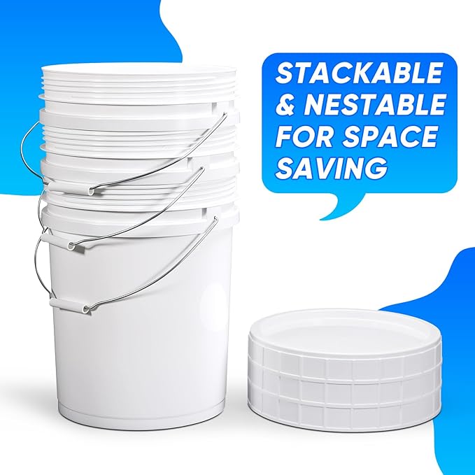 DEMORA 5 Gallon Food Grade Bucket with Screw Lid, Heavy Duty Plastic Buckets Containers for Food Storage, Plastic Pail with Metal Handle for Water Cleaning Paint Gardening, BPA Free (White, 3 Pack)