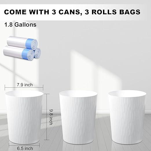 UUJOLY Small Trash Can Wastebasket Garbage Can Container Bins for Bathrooms,Bedroom Room, Kitchens, Offices, Kids Rooms, Dorms, 3 Pack, White