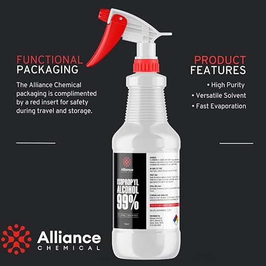 Alliance Chemical Isopropyl Alcohol 99% - 1 Quart Spray Bottle - High-Purity Concentrated Rubbing Alcohol for Effective Cleaning - Quick-Drying, Domestically Sourced IPA