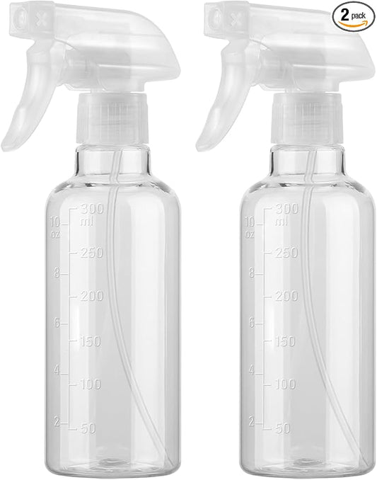 Plastic Spray Bottles (2 Pack 10 oz), Leakproof Adjustable Fine Mist & Jet Stream Nozzle, Premium BPA-Free Plastic Multi-Purpose for Hair, Plants, Cleaning (2 PACK CLEAR)