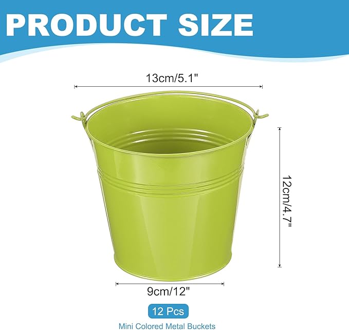 PATIKIL 5"x4.7" Small Metal Buckets with Handle, 12 Pcs Mini Bucket Easter Buckets, Green