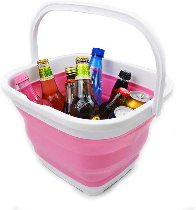 SAMMART 10L (2.6 Gallon) Collapsible Rectangular Handy Bucket (White/Pink (Set of 2))