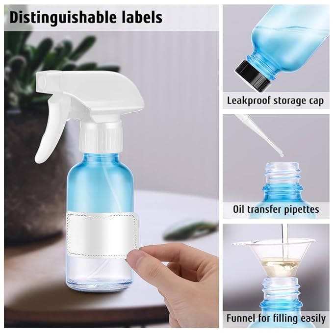 Tecohouse Glass Spray Bottles 4 oz, 2 Pack Spray Bottles for Hair Empty Refillable Fine Mist Sprayer with Labels, Funnel, Pipettes Blue