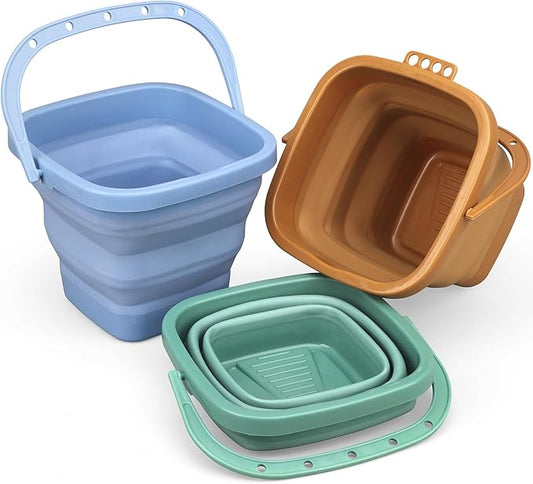 Dilabnba 3-Pack Collapsible Beach Buckets with Mesh Bag, Silicone Sand Water Pails for Kids, Easter Buckets, Portable Beach Toys for Travel, Camping, Fishing, Summer Fun
