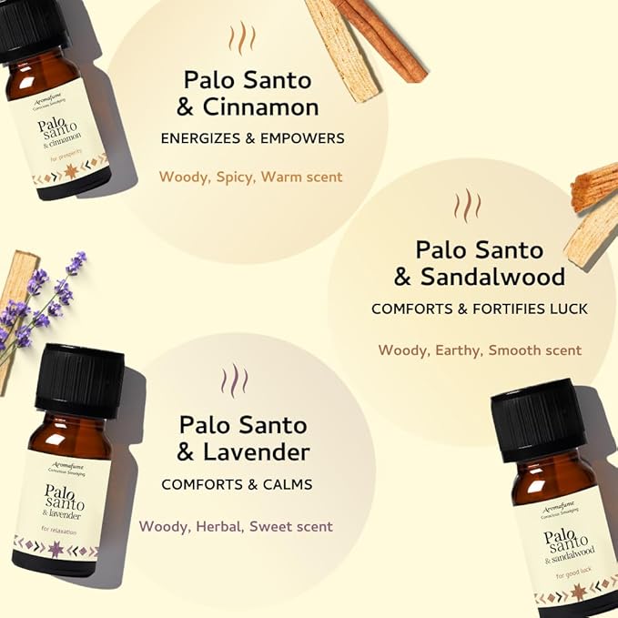 Palo Santo + Cinnamon, Sandalwood, Palo Santo + Lavender Essential Oil Diffuser Blend | 3 x 0.33 fl oz /10ml | Aromatherapy | Smudging | Air fresheners for Home | Meditation Accessories