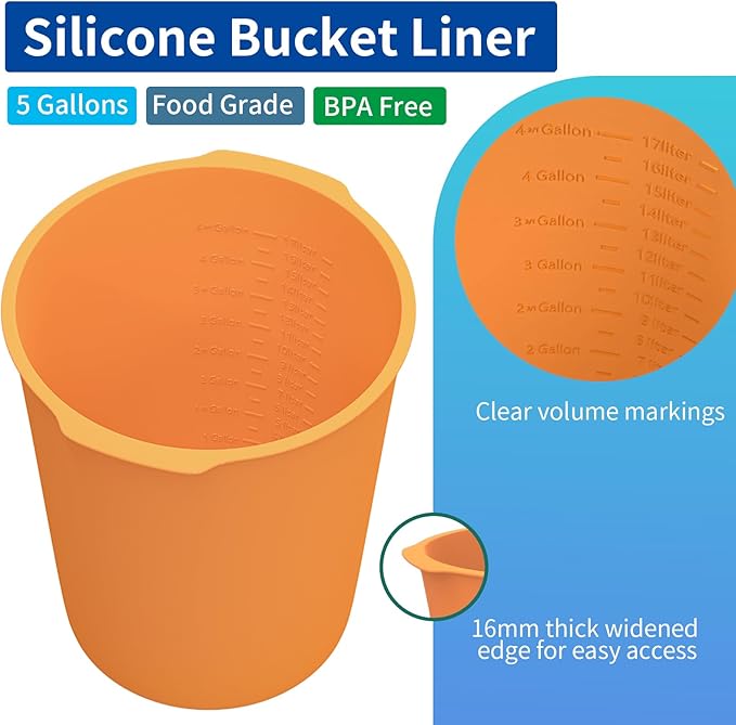 5 Gallon Silicone Bucket Liner - Reusable Measuring Mixing Liner for Concrete, Mortar, Grout, Paint - Food Grade Non-Stick with Measurement Marks - Easy to Clean & Durable (Orange)