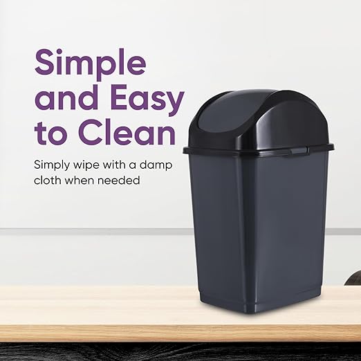 Superio Small 2.5 Gallon Plastic Trash Can with Swing Top Lid, Compact, Slim Waste Bin for Under Desk, Office, Bedroom, Bathroom, Dorm Room, 10 Qt. Portable Garbage Can (Dark Gray, 2