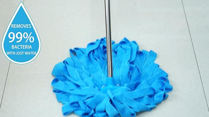 Screw On Microfiber String Mop, One Stainless Steel Pole + Two Blue Microfiber Cloth Mop Heads