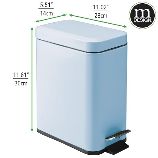 mDesign Small Modern 1.3 Gallon Rectangle Metal Lidded Step Trash Can, Compact Garbage Bin with Removable Liner Bucket and Handle for Bathroom, Kitchen, Craft Room, Office, Garage - Matte Light Blue