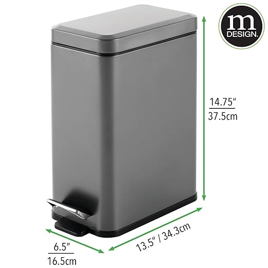 mDesign Pedal Bin — Waste Bin with Pedal, Lid and Plastic Bucket Insert for Bathroom, Kitchen, and Office — Metal Household Rubbish Bin with Ergonomic Design — Dark Grey