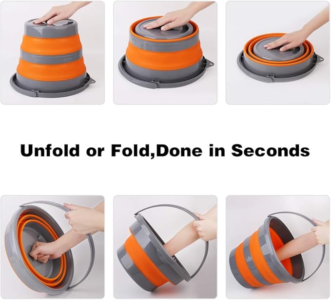 2 Pack Collapsible Plastic Bucket with 2.6 Gallon (10L) Each, Foldable Round Tub for House Cleaning, Space Saving Outdoor Waterpot for Garden or Camping, Portable Fishing Water Pail (Blue & Orange)