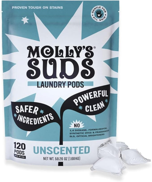 Molly's Suds Laundry Detergent Pods | Clean Detergent for Sensitive Skin | Ultra Concentrated and Stain Fighting | Unscented - 120 Count (Value Pack)