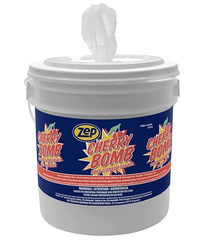 Zep Cherry Bomb Hand Cleaner Towels - 130 Towels Per Bucket (Case Of 4) 346601 Removes Stubborn Industrial Soils Such As Grease, Tar, Ink, Paints and More