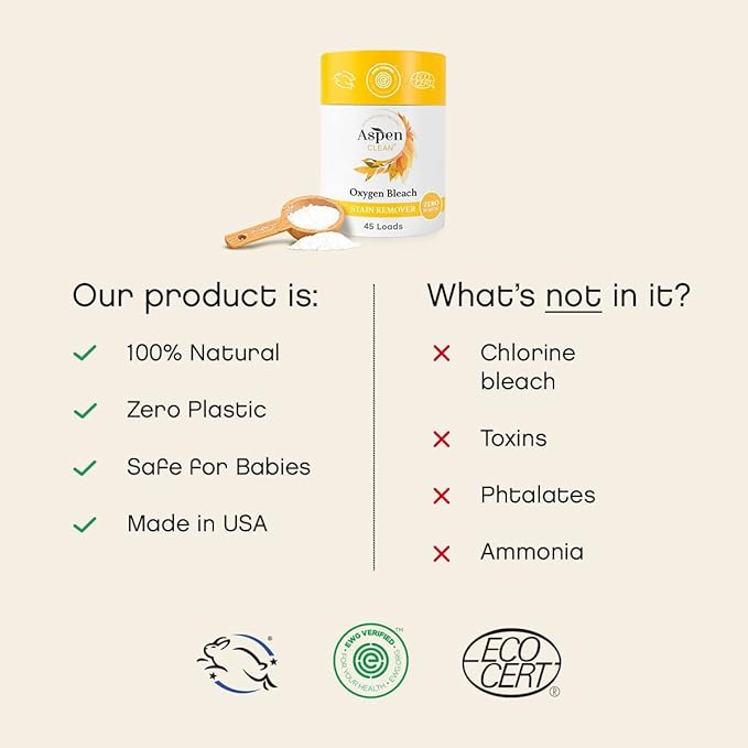 Unscented Oxygen Bleach Powder and Color Safe Stain Remover by AspenClean, Zero plastic, EWG Verified™, Vegan, Non-Bio, Hypoallergenic, Bleach Alternative - 45 Loads