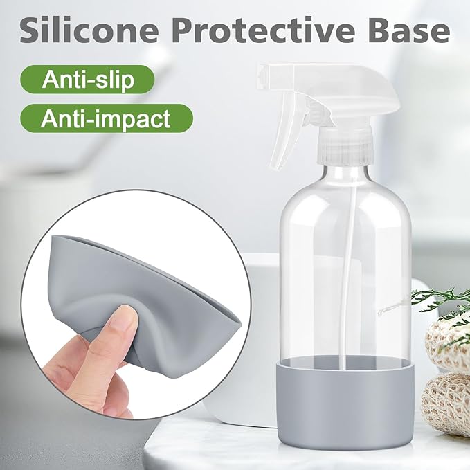Glass Spray Bottles with Silicone Sleeve Protection, Empty 16 oz Refillable Containers, Reusable Spray Bottles with Adjustable Nozzle for Hair, Cleaning Solutions, 3 Pack Grey