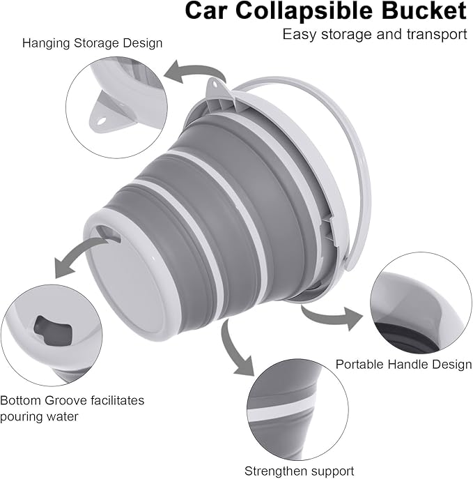 GOLDFOX Collapsible Bucket with Handle - 10L (2.6 Gallon) Portable Water Bucket for Car Wash Household Cleaning, Multiuse Folding Bucket for Outdoor Garden Camping Fishing Car Wash Space Saving- Grey