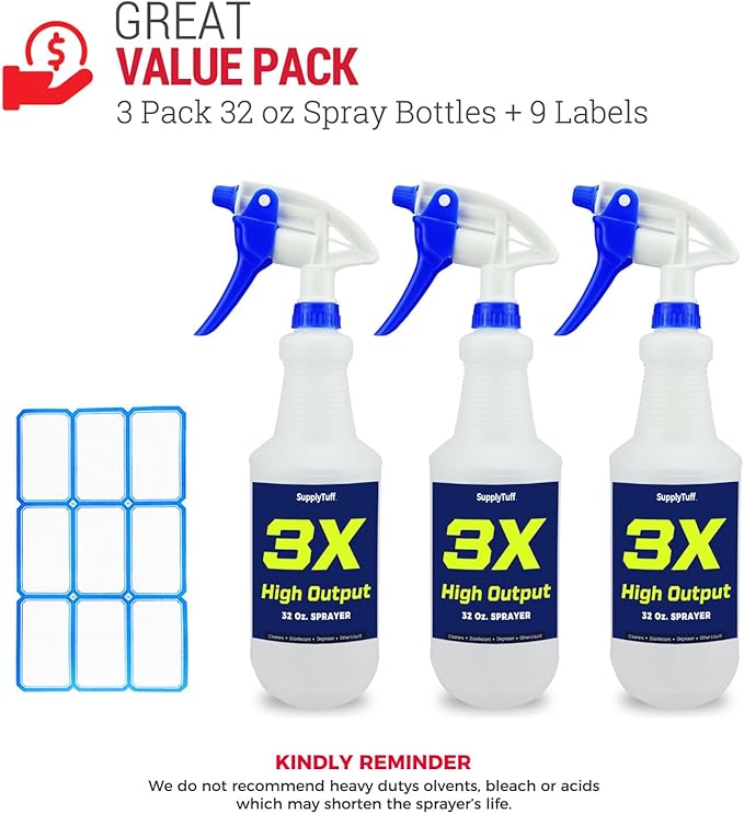 3X High Output Heavy Duty Spray Bottles for Cleaning Solutions, 3 Pack, 32 oz Professional Industrial Spray Bottles for Commercial, Household Cleaning and Car Detailing.