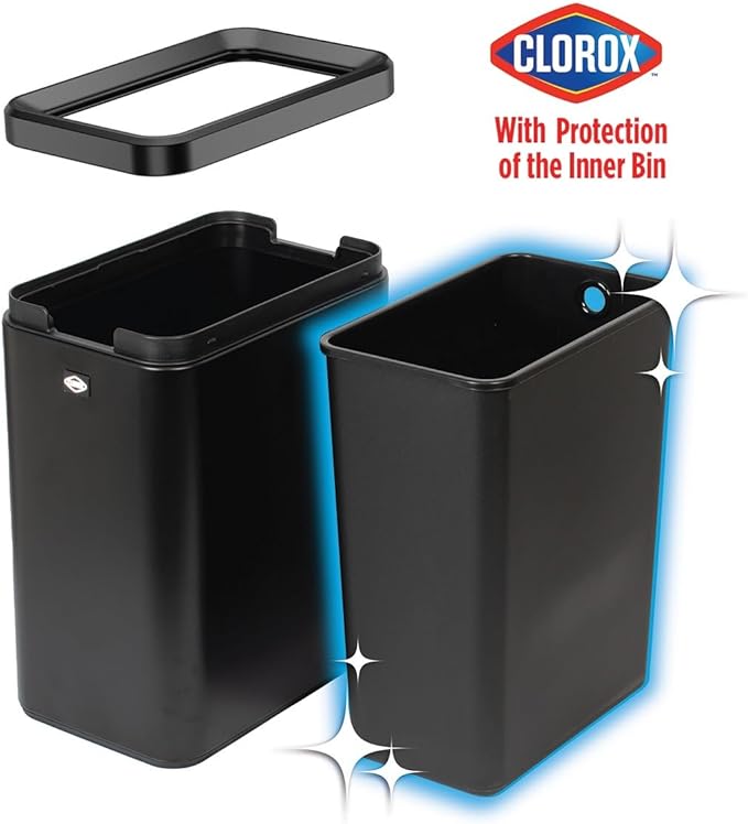 CLOROX Slim Open Trash Can - 2.6 Gallon (10 Liter) Small Metal Waste Basket with Removable Bucket for Narrow Spaces - Stainless Steel Garbage Bin for Bathroom, Bedroom, or Office, Black