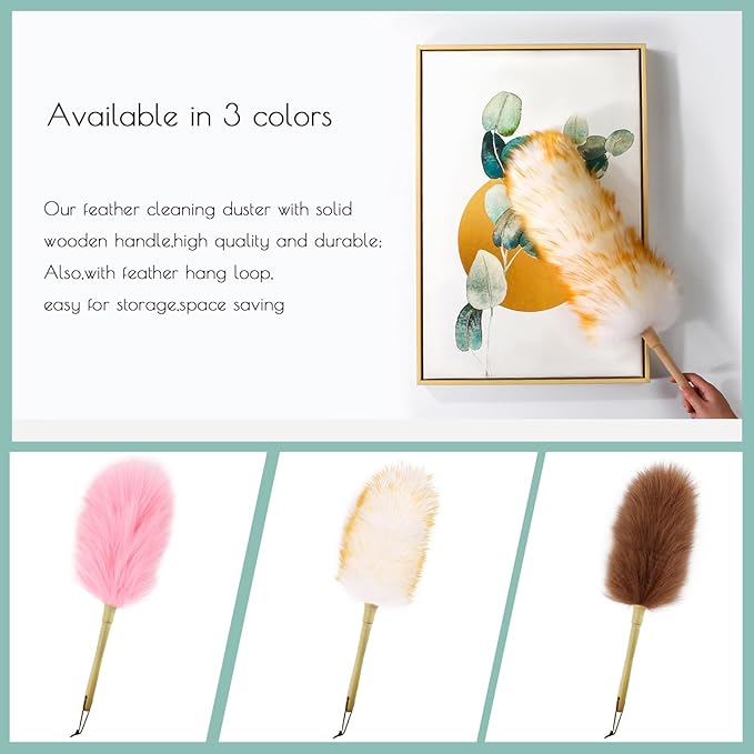 Lambswool Duster 16'' Length Solid Wooden Handle Leather Hang Strap for Cleaning Ceiling Fans Window Blinds Computer Furniture Figurines TV Natural Feather Duster,Pink