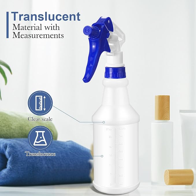 Zubebe 24 Pack 32 oz Plastic Spray Bottle Bulk Empty Leakproof Heavy Duty Spray Bottles for Cleaning Supplies Mist Bottles with Label and Adjustable Nozzle for Plant(Red, Blue,Clear Scale)