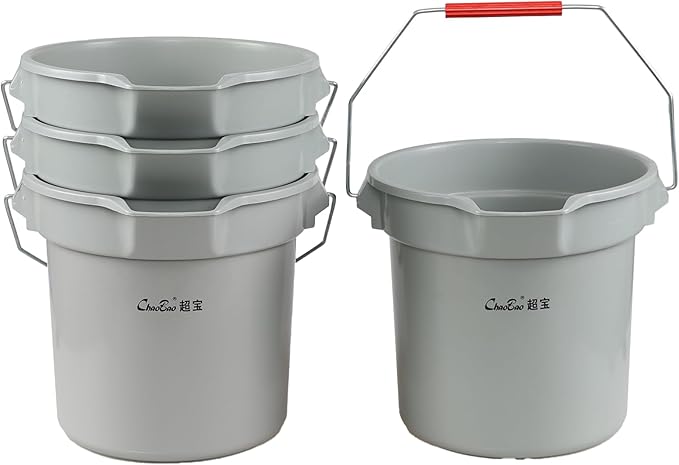 4 Pack Plastic 3.5 Gallon Round Utility Pail with Handle, Commercial Buckets, Gray