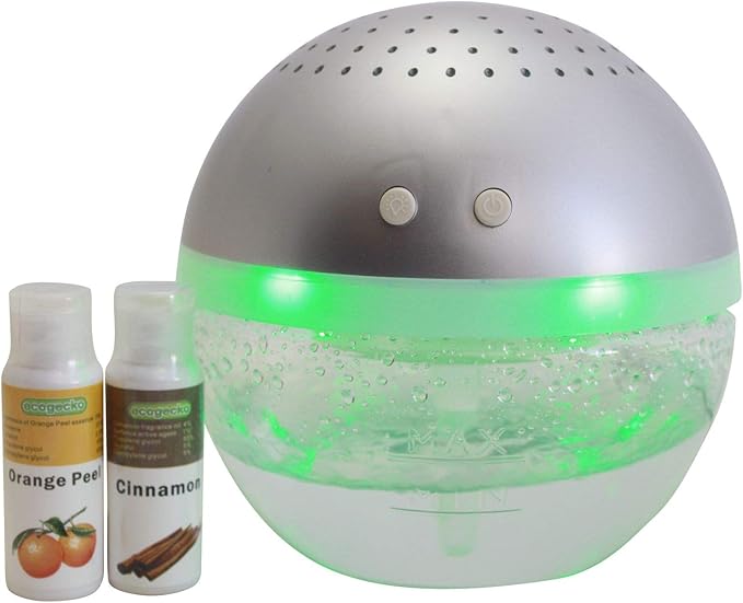 EcoGecko Magic Ball, Light Up Air Revitalizer, Air Freshener, Room Aromatizer, Aroma and Essential Oil Diffuser with Orange Peel, Cinnamon Oils, 2 Bottle 30ml Each, Silver